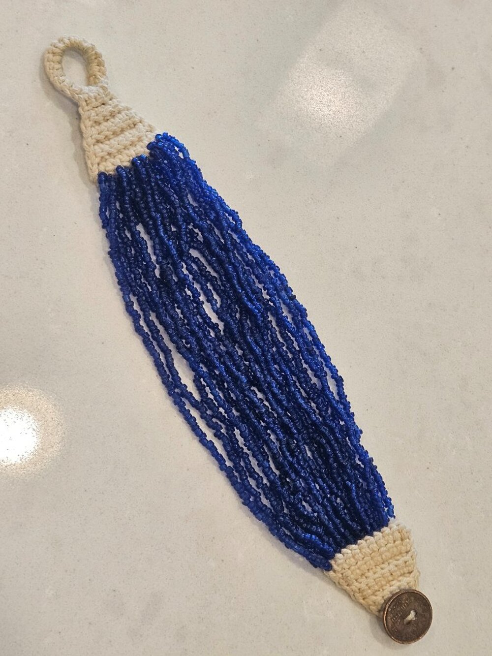 Handmade Glass Bead Bracelet with Crochet Clasp - Blue
